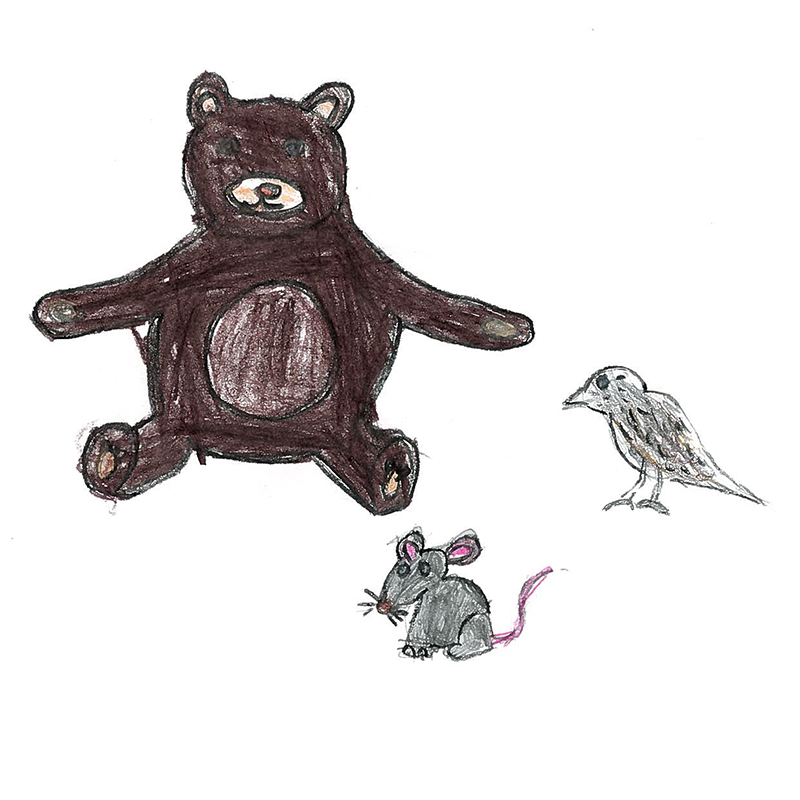 Rysunek dziecięcy przedstawia misia, ptaszka i myszkę.