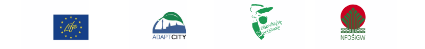 Grafika prezentuje 4 logotypy partnerów projektu Klimatycznej ścieżki edukacyjnej. Są to (od lewej): Logo unijnego programu pod nazwą Life, logo Narodowego Funduszu Ochrony Środowiska i Gospodarki Wodnej, logo projektu organizowanego miasta stołecznego Warszawy pod nazwą Adaptcity oraz warszawskie logo Zakochaj się w Warszawie