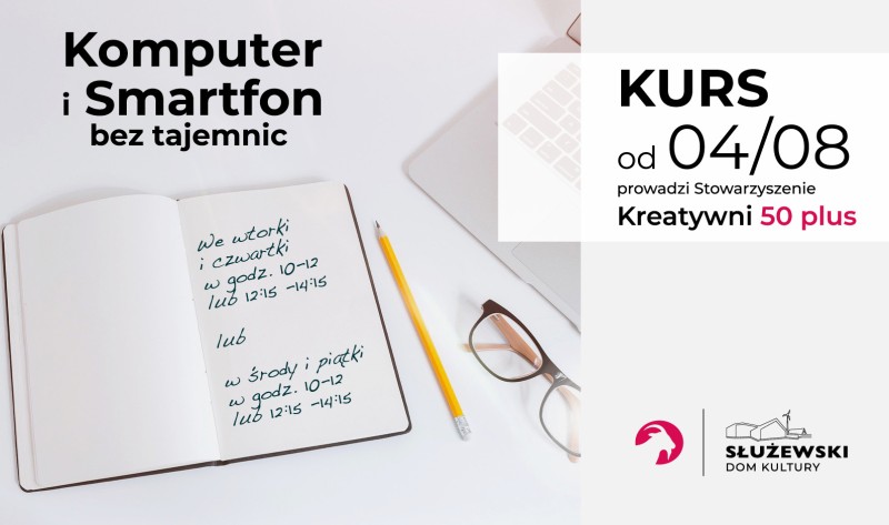 Grafika przedstawia ilustrcję do kursu komputerowego. Znajdują się na niej czarne napisy informcyjne oraz w tle komputer, okulary i ołówek.