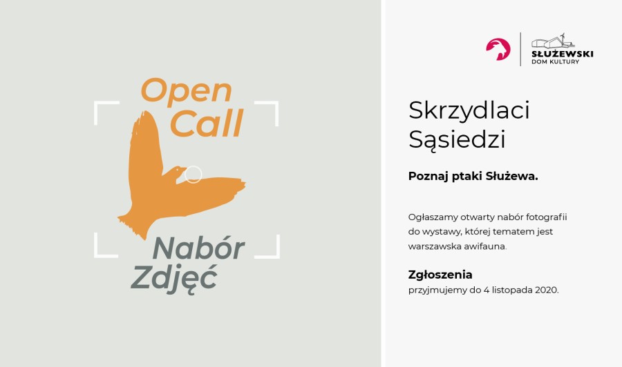Grafika przedstwia baner reklamujący Open Call, na którym znajduje się wizerunek ptaka w kolorze pomarańczowym.