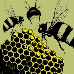 Grafika: zbliżenie plastra miodu, nad nim pszczoły.