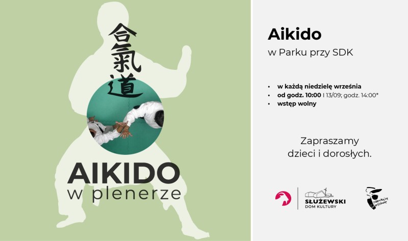 Baner promocyjny, przedstawia graficzną, białą sylwetkę zawodnika aikido na jasno zielonym tle oraz wycinek zdjęcia - dwóch zawodników w kontakcie.