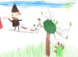 Dziecięcy rysunek, plakat do  do spektaklu.: Baba Jaga i dwa koty na miotle lecący nad trawą i drzewem. Aut.:  Bruno Danieluk
