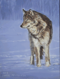 Zdjęcie obrazu artysty. Na obrazie przedstawiony został wilk w zimowej scenerii.
