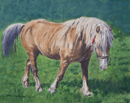 Zdjęcie obrazu artysty. Obraz malowany farbami olejnymi. Na obrazie koń o brązowej maści. Stojący na trawie. W tle znajduje się zielony las.
