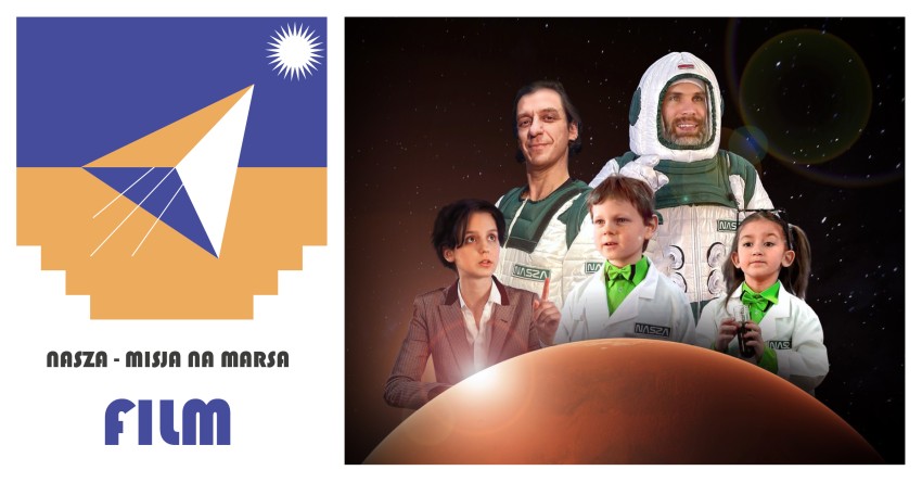 Baner grficzny, przedstawia ilustracje lecącej rakiety oraz zdjęcie, montaż postaci , 3 dorosłych i 2 dzieci w strojach kosmonautów z planetą Mars poniżej.