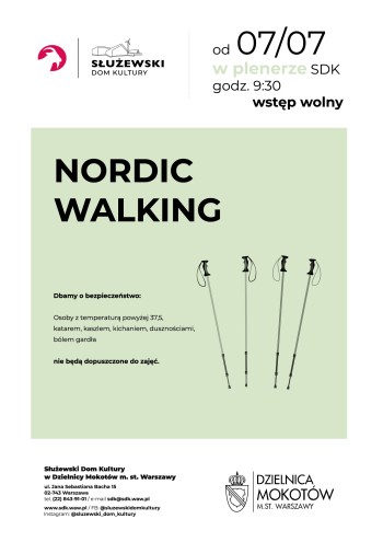 Na plakacie na zielonym tle ilustracje kijków do Nordic Walking. Oprócz ilustracji na plakacie znajdują się informacje dotyczące daty i godziny spotkania, dostępne w treści artykułu. 