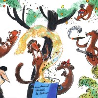 Ilustracja z okładki książki:  przy drzewie pięć kun gotuje potrawę w dużym garnku