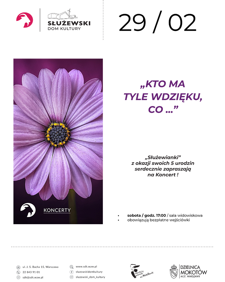 Na plakacie zdjęcie - fioletowy kwiat przypominający gerberę, pod spodem napis Koncert. Z prawej strony zdjęcia tytuł koncertu - 