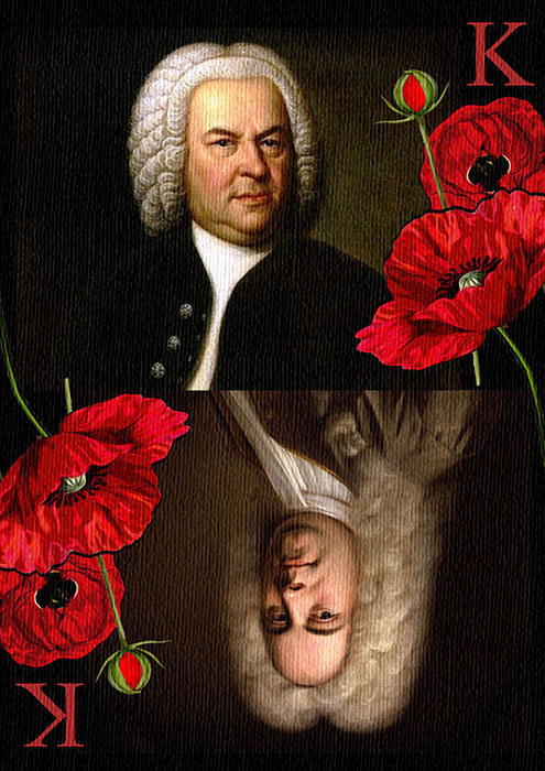 Grafika w formie karty do gry : Portrety J. S. Bacha (góra) i  G. F. Handela (dół) oraz kwitnące maki jako powtórzony symbol figury na karcie.