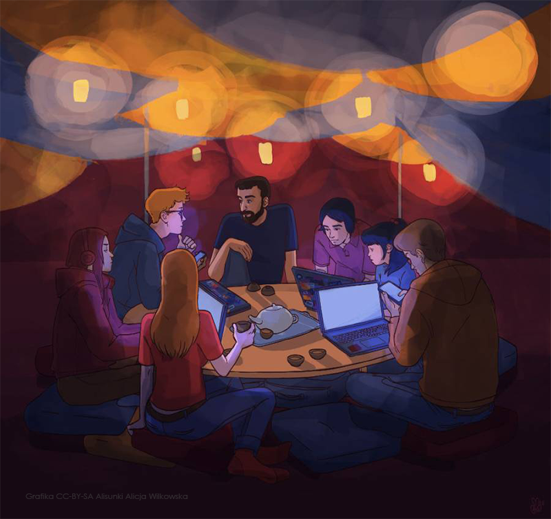 Na grafice kolorowa ilustracja. Na ilustracji znajduje się grupa ludzi siedząca dookoła okrągłego stolika. Osoby siedzą na poduszkach a na stole znajdują się filiżanki z napojami oraz komputery. Wśród osób znajdują się zarówno kobiety jak i mężczyźni. 