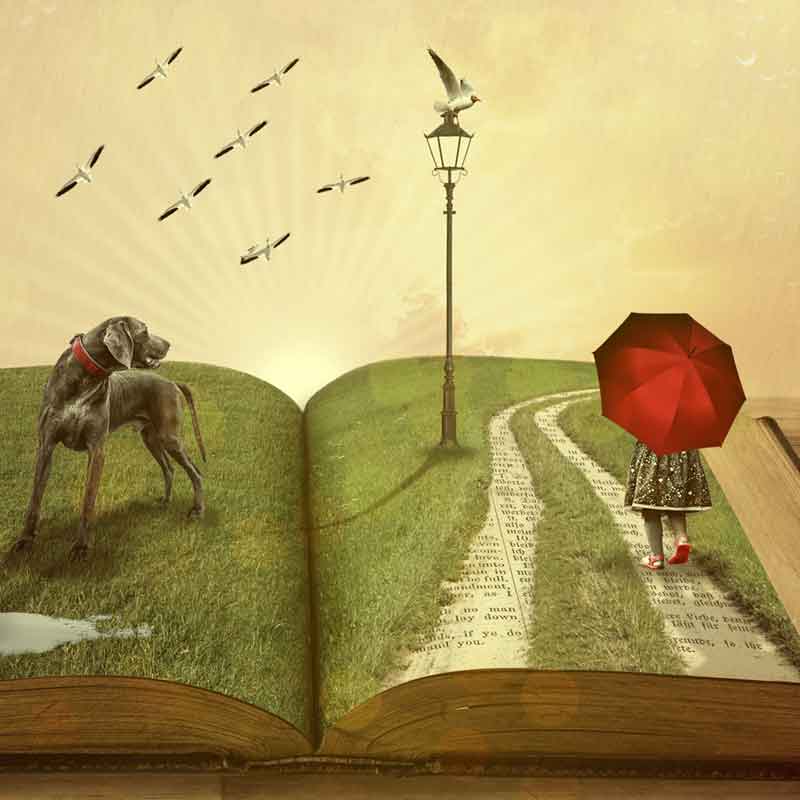Ilustracja: otwarta książka. Jej strony porasta trawa, po idzie dziewczynka z parasolem  i pies. 