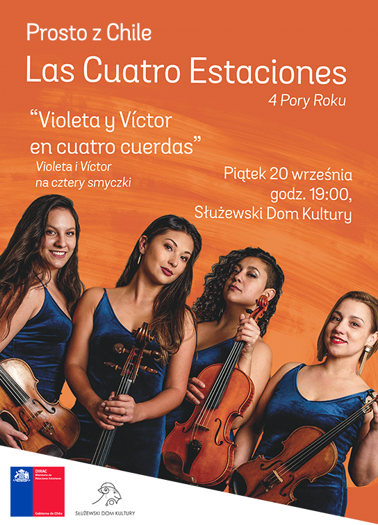 Na plakacie 4 artystki w niebieskich sukniach na pomarańczowym tle. Artystki trzymają w rękach instrumenty smyczkowe, takie jak skrzypce. Oprócz zdjęcia tytuł koncertu oraz data i miejsce.