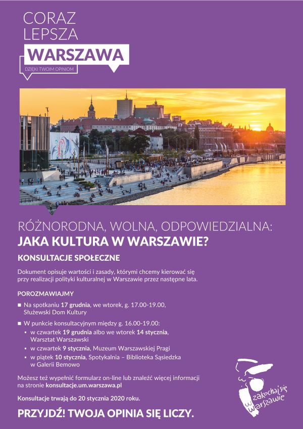Plakat jest podzielony na dwie części - informacyjna część to białe litery na fioletowym tle ze szczegółami spotkania; druga to element graficzny - panorama lewobrzeżnej Warszawy o zachodzie słońca.