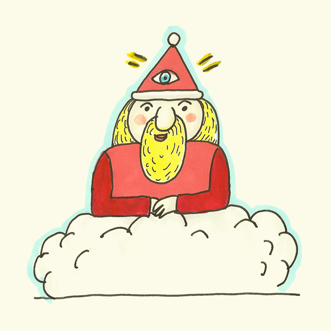 Grafika przedstawia Świętego Mikołaja na chmurze